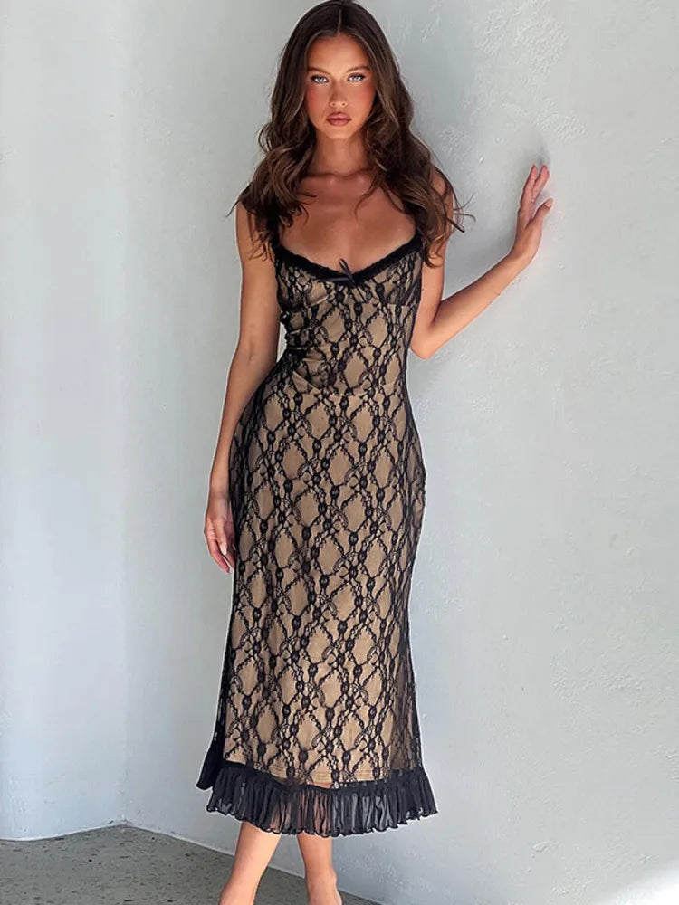 FashionSierra - Lace Print Sexy Maxi Dress Spaghetti Strap Sleeveless Backless Lace Dress