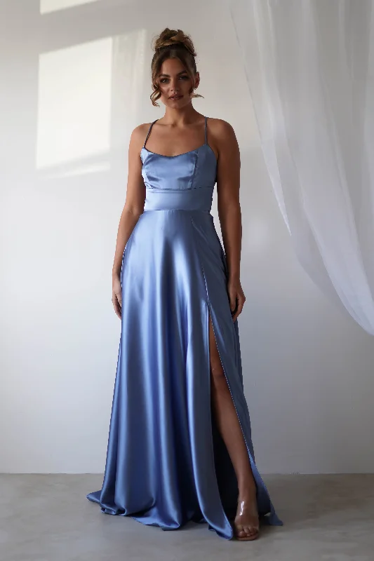 Leelie Silky Satin Maxi Gown | Slate Blue