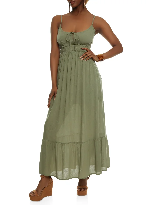 Gauze Knit Tie Front Tiered Maxi Dress