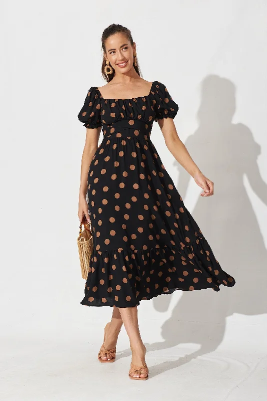 Candie Midi Dress In Black With Brown Spot