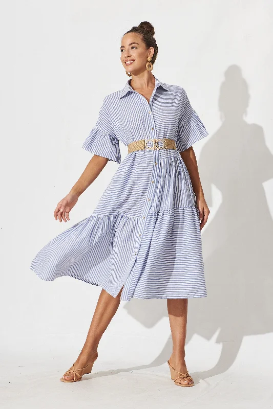 Gwennie Midi Shirt Dress In Blue And White Stripe Cotton