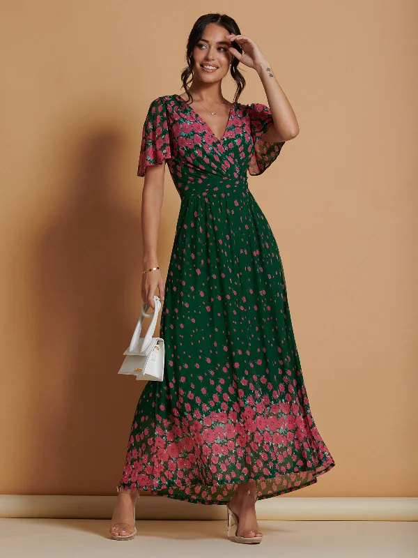 Mirrored Mesh Angel Sleeve Maxi Dress, Green Floral