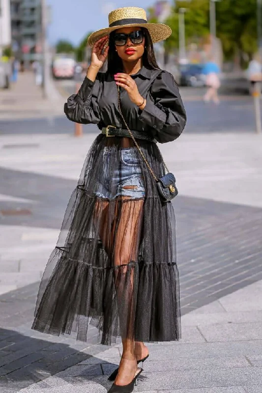 SETSOFRAN London Black Sheer Tulle Shirt Dress