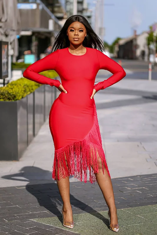 SETSOFRAN London Red Fringe Bandage Dress