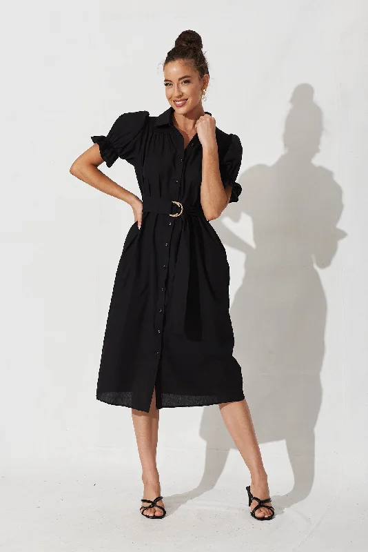 Sicilly Midi Shirt Dress In Black Cotton