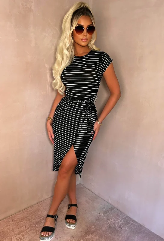 Stay In Line Black Short Sleeve Belted Striped Midi Dress