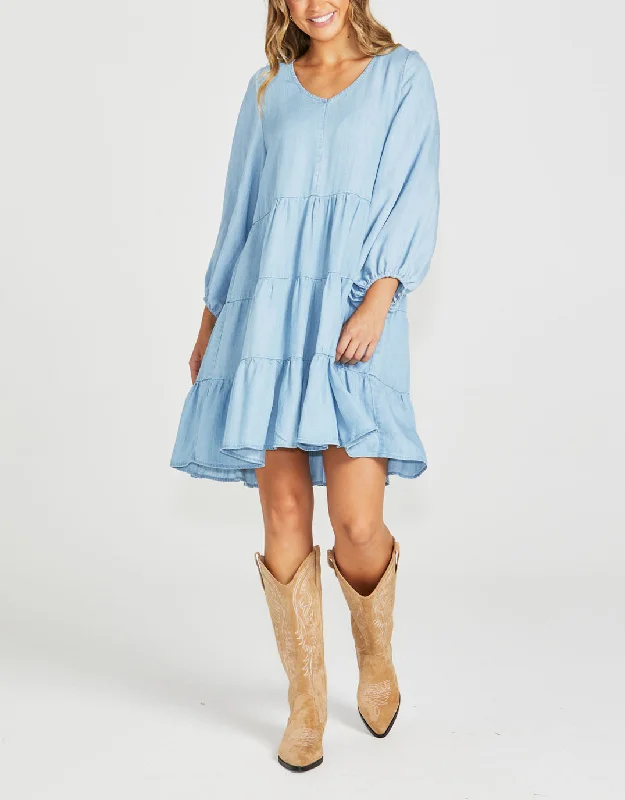 Davie Tiered Mini Dress - Chambray