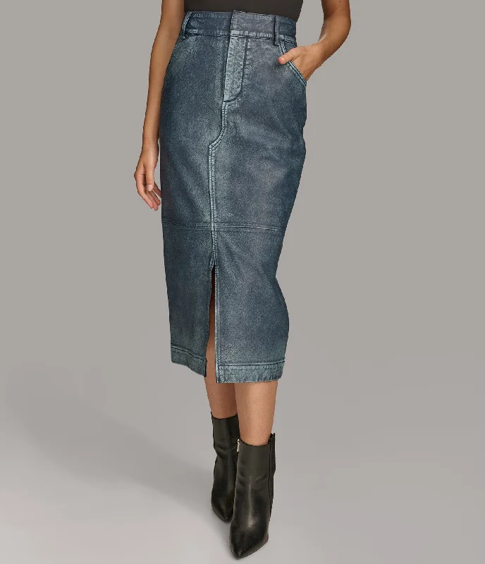 Rolled Hem Mid Length Denim Skirt