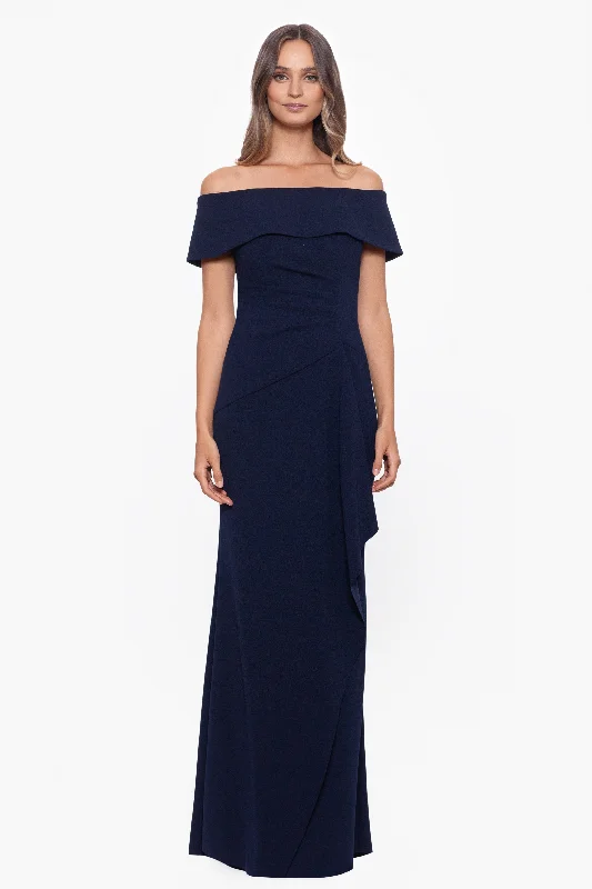 Petite "Lindsay" Long Scuba Crepe Off the Shoulder Dress