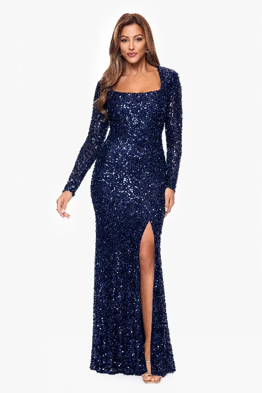 "Siobhan" Long Sleeve Beaded Sequin Mesh Long Sleeve Floor Length Dress