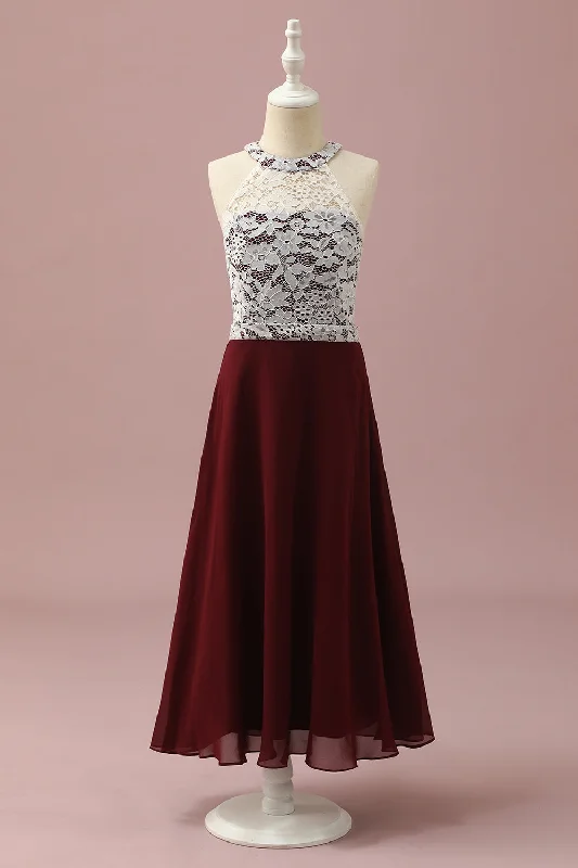 Burgundy Lace and Chiffon Halter Junior Bridesmaid Dress