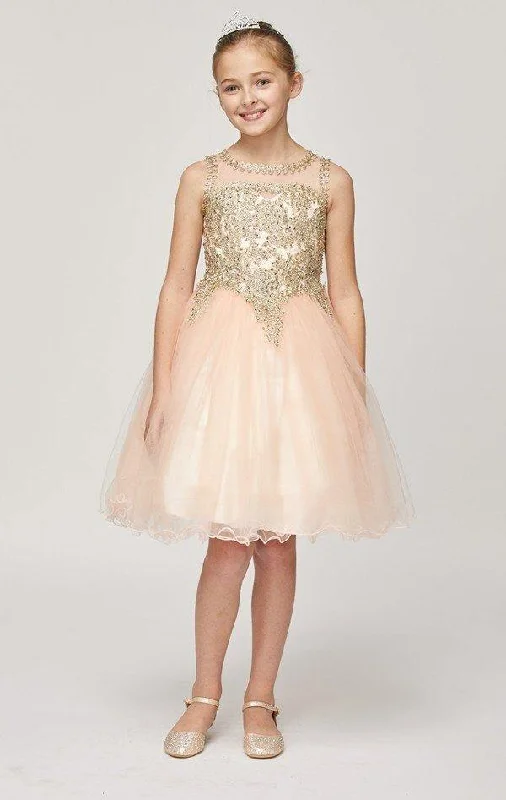 Flower Girl Dress Sleeveless Gold Embellished Short