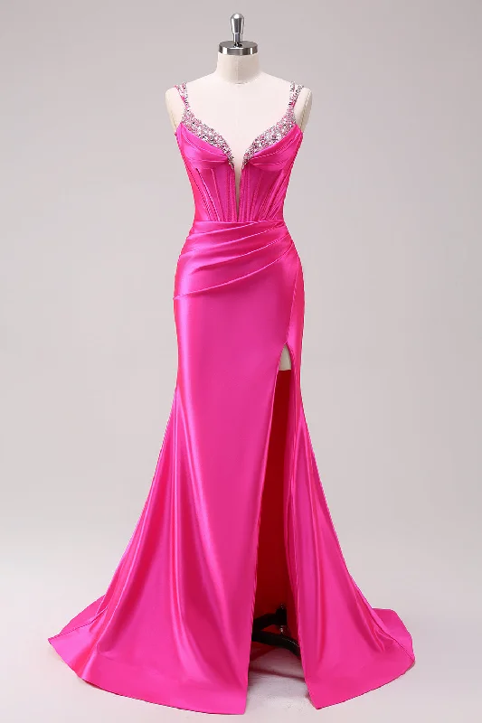 Fuchsia Mermaid Spaghetti Straps Corset Sequin Prom Dress with Slit