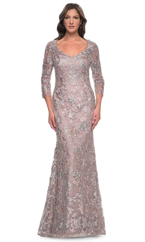 La Femme 30081 - Floral Embroidered Quarter Sleeve Prom Dress