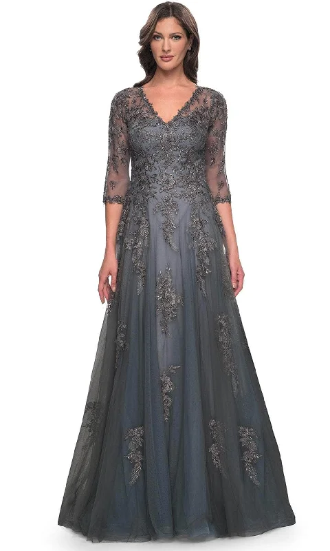 La Femme 30201 - V-Neck Embroidered Long Dress