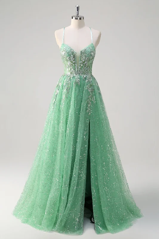 Sparkly Light Green A Line Spaghetti Straps Corset Tulle Prom Dress with Slit