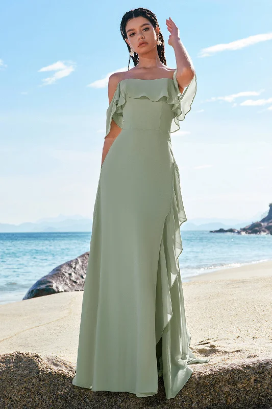 Light Green Mermaid Off the Shoulder Long Bridesmaid Dress with Ruffle Slit