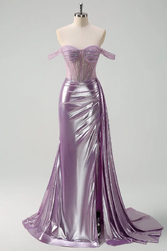 Light Purple Off The Shoulder Watteau Train Mermaid Corset Metallic Prom Dress