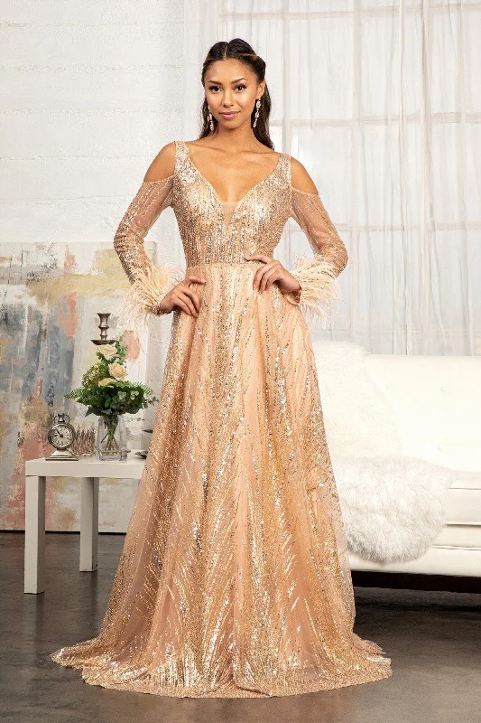 Long Sleeves Glitter A Line Long Prom Dress