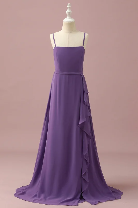 Purple Chiffon Spaghetti Straps Junior Bridesmaid Dress With Cascading Ruffles