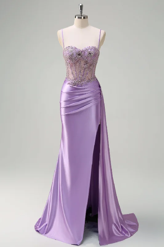 Sparkly Purple Mermaid Watteau Train Sheer Ruched Corset Long Prom Dress with Slit