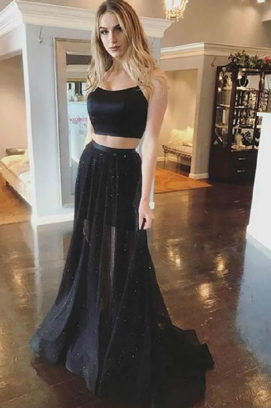 A-line Black Two Piece Spaghetti Straps Cross Back Long Prom Dress PG914