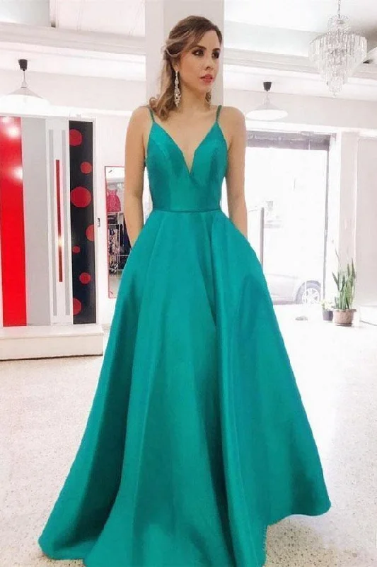 A-line Simple V Neck Teal Satin Long Prom Dresses with Pocket Backless  PG939