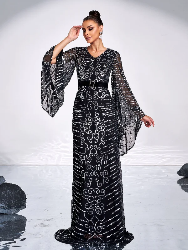 Bell Sleeves Belted Waist Sequin Evening Dress DH80211