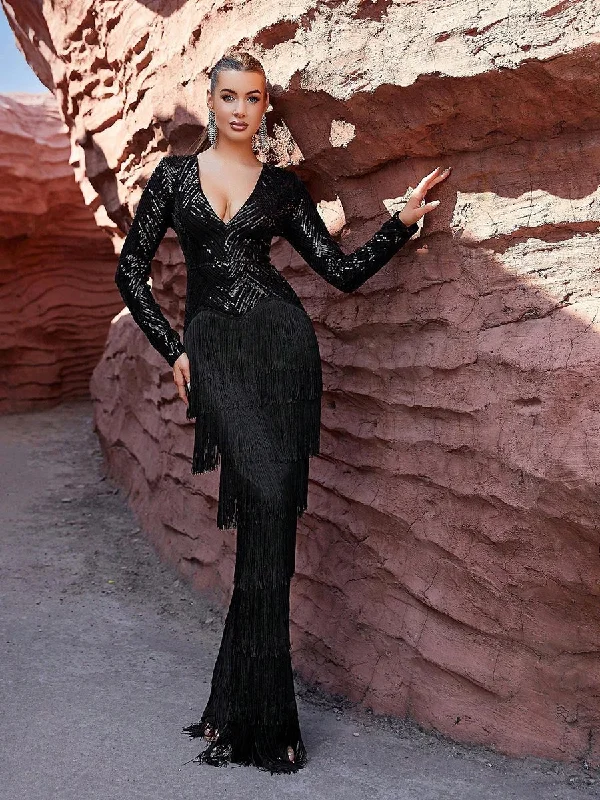 Black Fringed Long Sleeve Formal Dress MYC1039