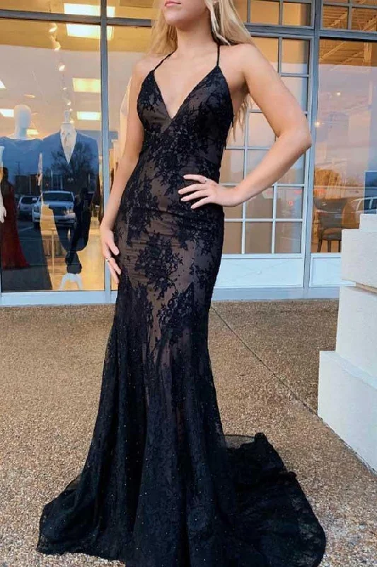 Mermaid Lace Spaghetti Straps Cross Back Black Prom Dress PG924