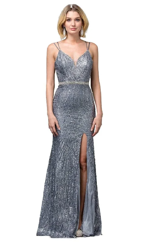 Dancing Queen - 2826 Glitter Plunging V Neck Gown with Slit