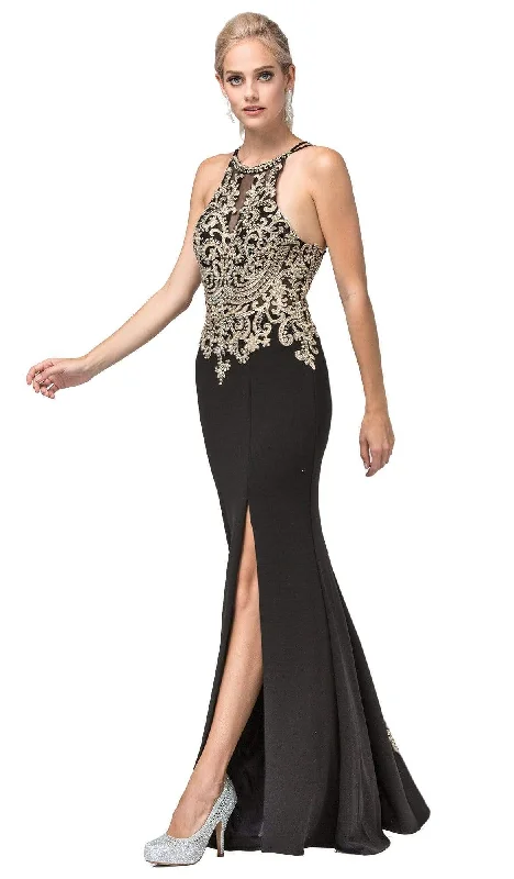 Dancing Queen - 2836 Appliqued Halter Gown with Slit