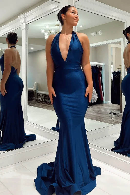 Dark Blue Mermaid Halter Long Prom Dress