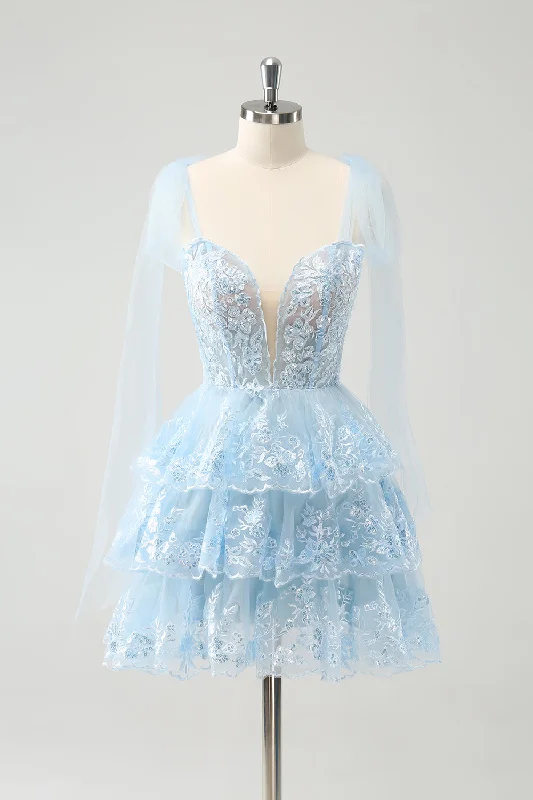 Glitter Blue V Neck A-Line Tiered Embroidery Short Prom Dress