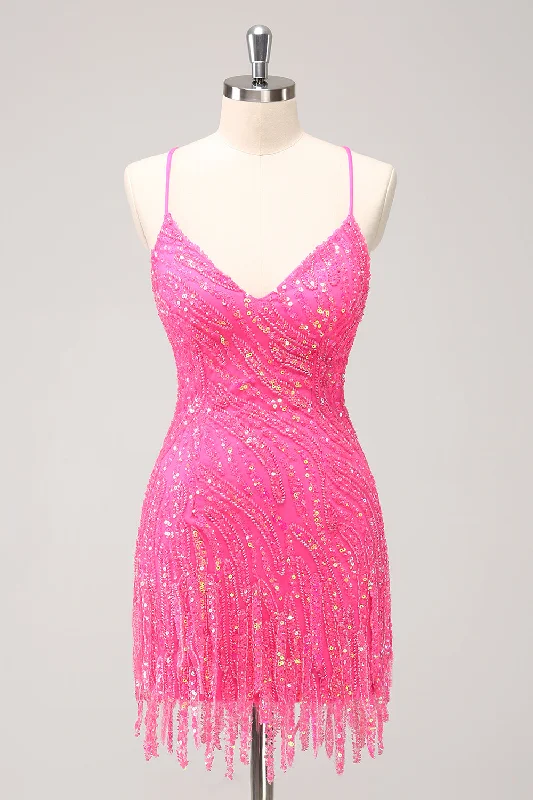 Glitter Hot Pink Spaghetti Straps Sequined Party Dress with Tassels