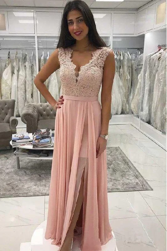 Long Chiffon Lace Beaded Prom Dresses Pink V-neck Formal Dress PG958