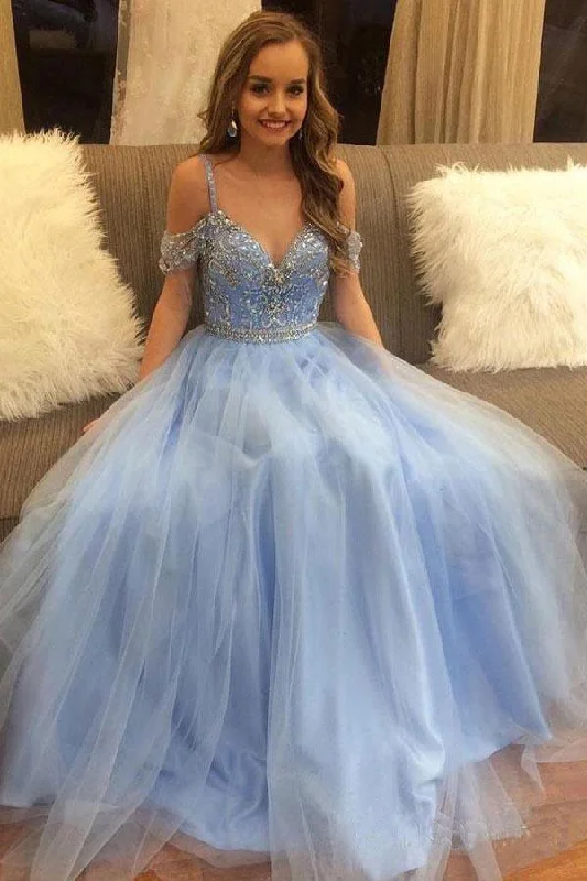 Off the Shoulder Sky Blue Beaded Tulle Prom Dresses Long Formal Dresses  PG963