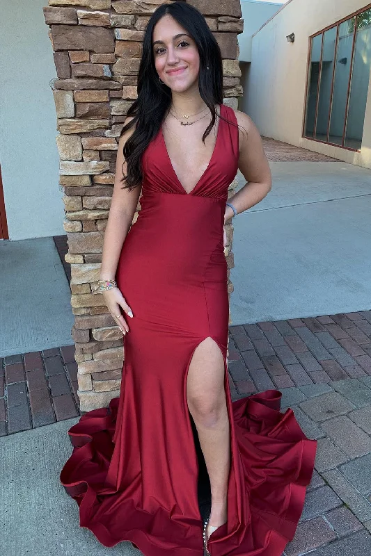 Red Mermaid V-Neck Long Prom Dress With Slit