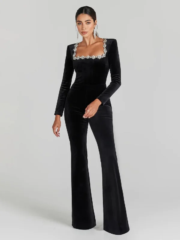 Rhinestone Square Neck Velvet Jumpsuits MYC1033