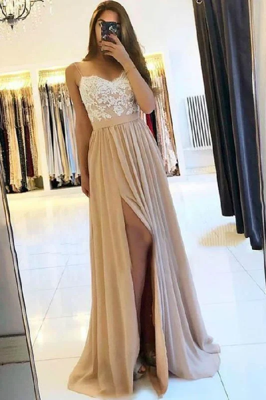 Spaghetti Straps Chiffon Appliques Prom Dress With Side Split  PG941