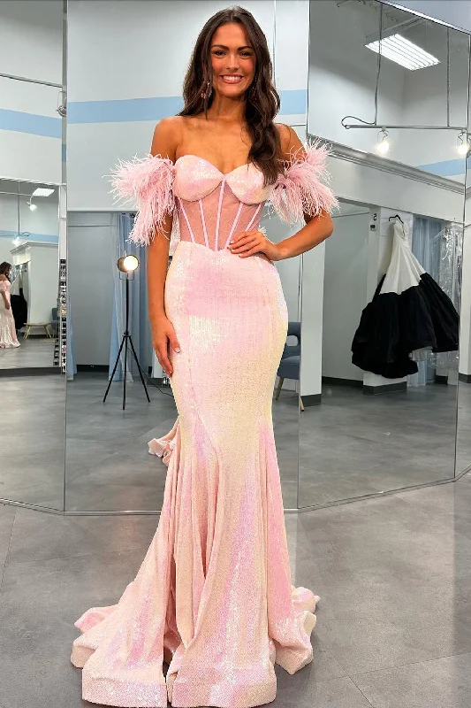 Sparkly Mermaid Sweetheart Blush Corset Prom Dress with Feathers