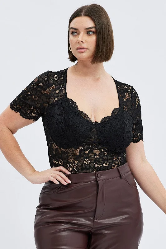 Black Lace Bodysuit Short Sleeve