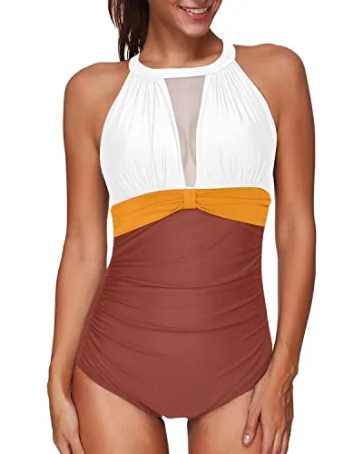 Chic High Neck Mesh Monokini Women One Piece Swimsuit-Whtie Yellow Brown