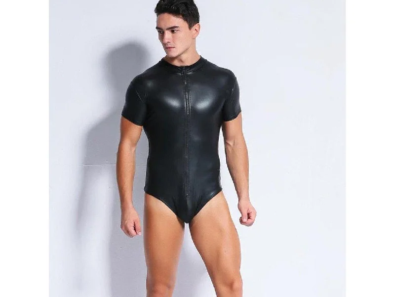 Gay Bodysuits | Clubwear Sexy Zipper Faux Leather Bodysuit