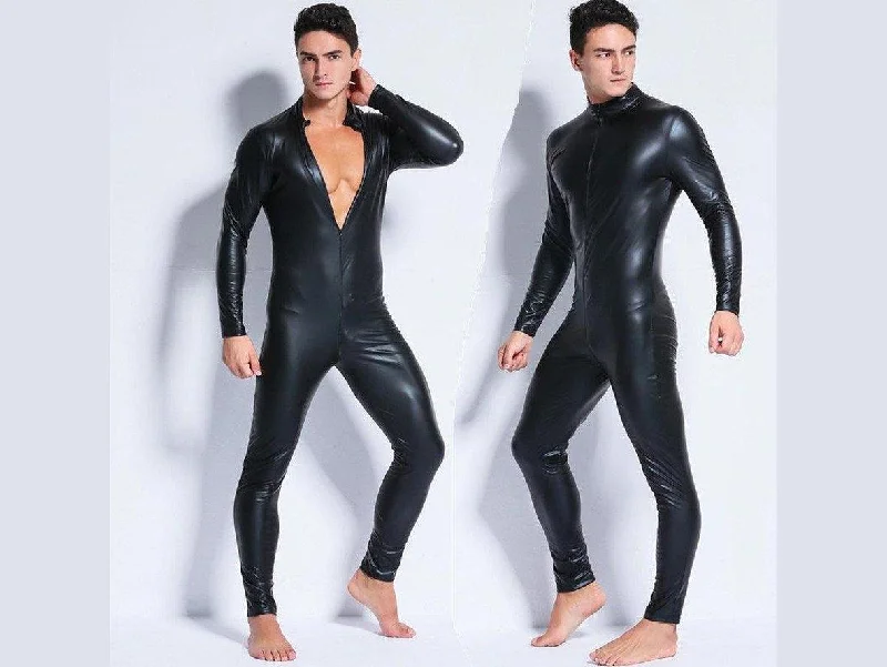 Gay Bodysuits | Wet Look Faux Leather One Piece Bodysuit