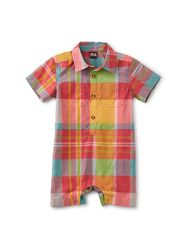 Plaid Buttoned Baby Romper - Sunrise Madras