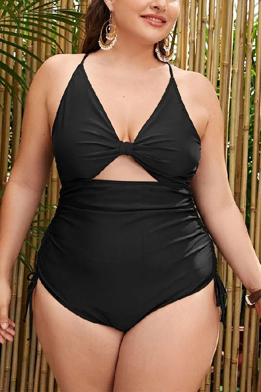 Plus Size Black Ruching Cirss Cross One Piece Swimsuit