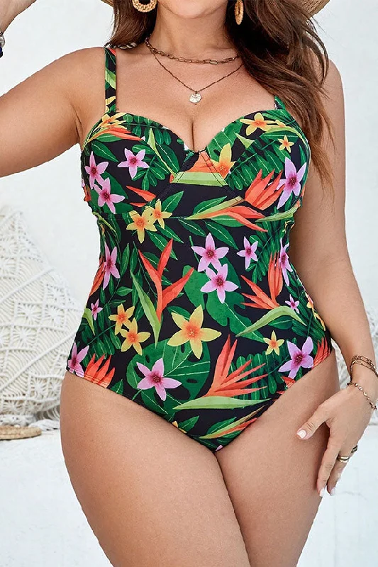 Plus Size Floral Print Adjustable Shoulder Strap One Piece Swimsuit