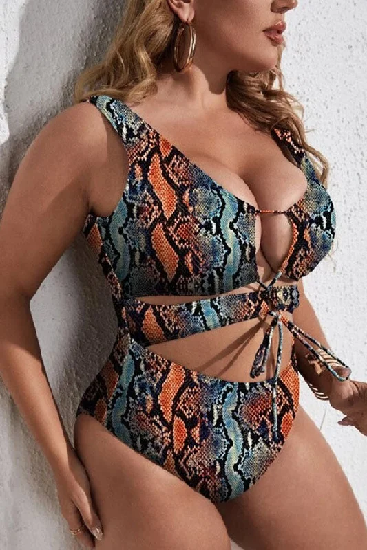 Plus Size Snake Pattern Cut Out One Piece Swimsuit