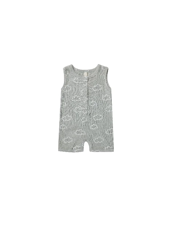 Ribbed Henley Romper- Sky Clouds